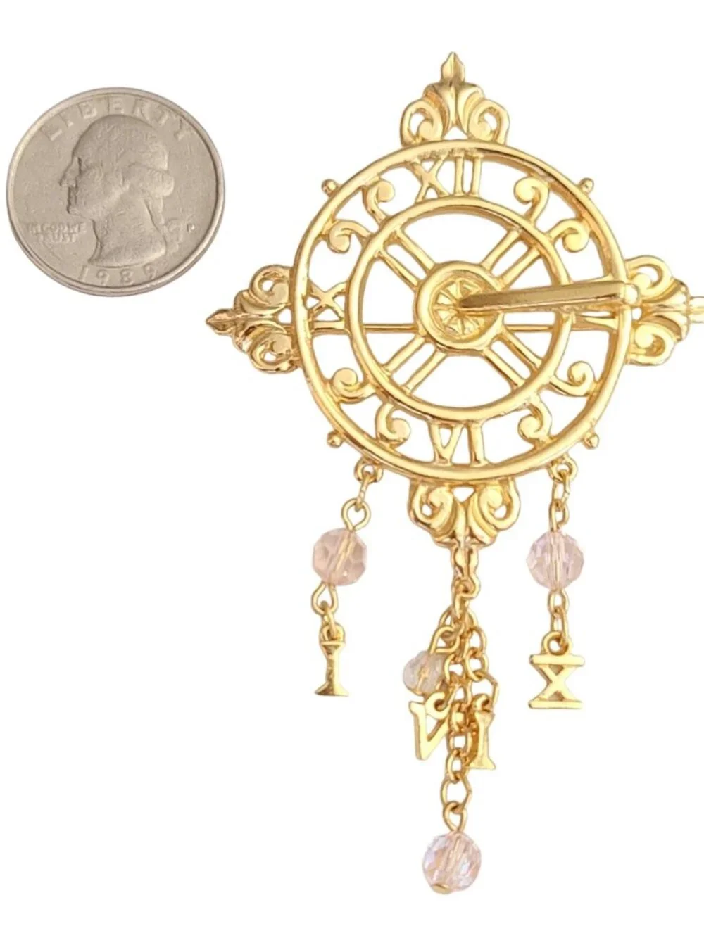 Kirks Folly 315 Clock, Crystal And Number Dangle Charm Brooch, Signed M246